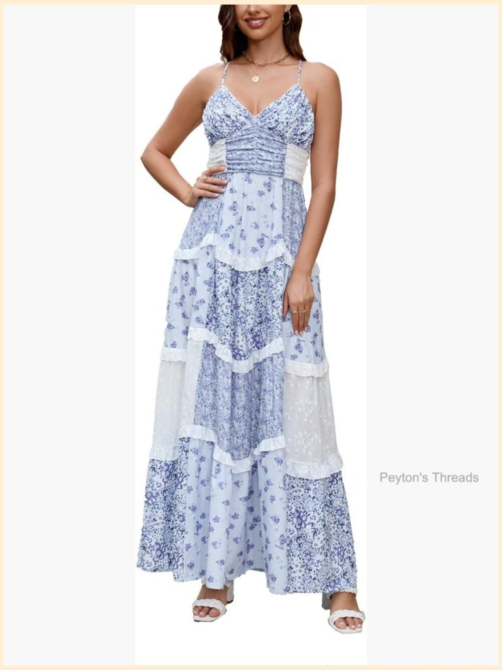 Floral Patchwork Maxi Dress V Neck Sleeveless Cross Back Spaghetti Strap Tiered